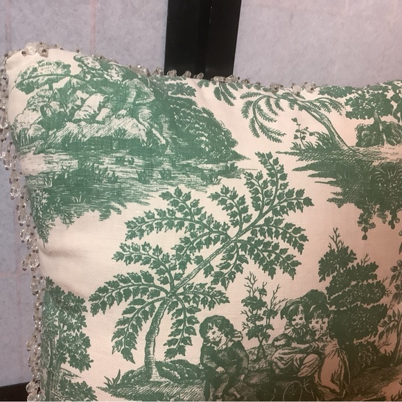 2 Pillow Shams Green Toile & Throw Pillow Glass Beaded Trim Custom Made Vintage - Picture 5 of 6